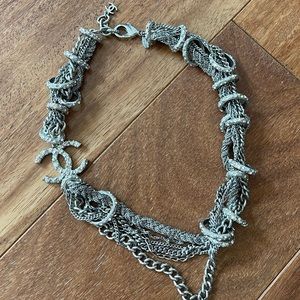 CHANEL silver strass ring chain necklace